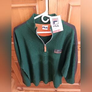 FILA Men's Forest Green Zip-Up Sweater with Orange Highlights 1/2 Zip